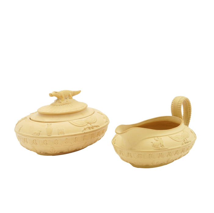 Caneware creamer and covered sugar bowl in the Egyptian taste by Schiller & Gerbing (c. 1835)