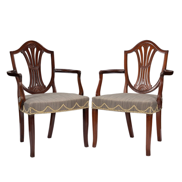 Pair of English Sheraton mahogany shield back armchairs (c. 1790)