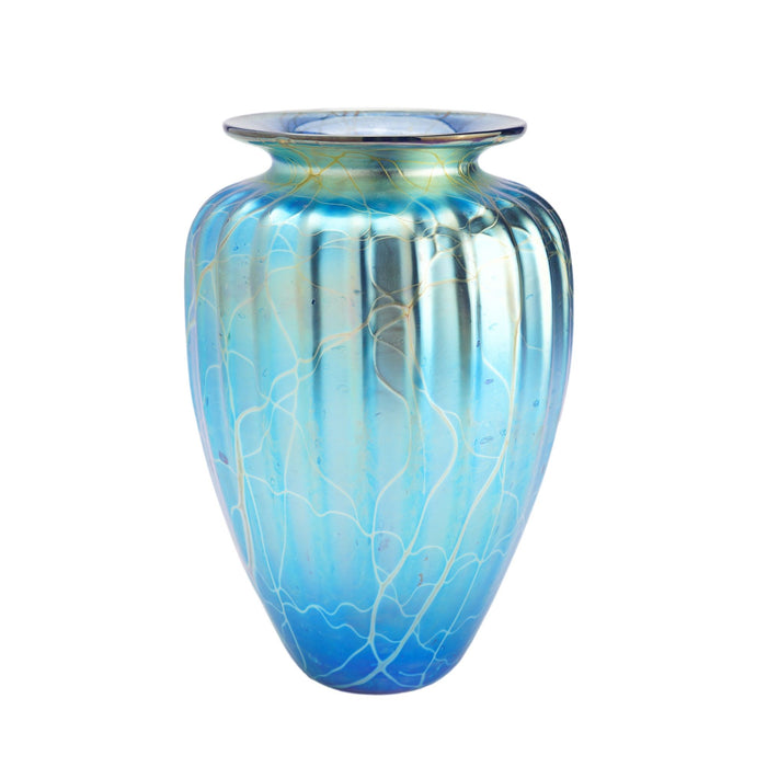 Iridescent blue blown glass vase by Mayauel Ward (2015)