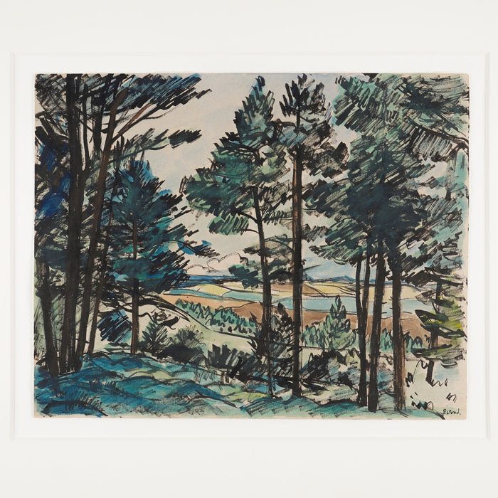 Danish watercolor landscape of a pine forest by Leo Estvad (c. 1930)