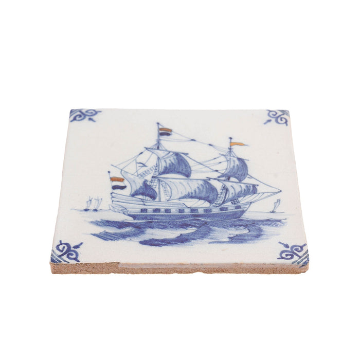 Delft faience tile of a galleon with tricolor flags (c. 1600's)