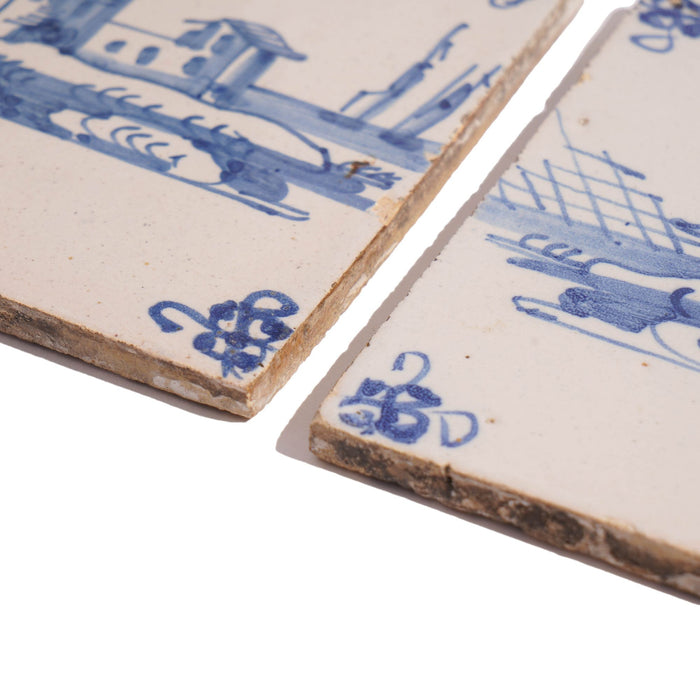 Pair of Delft faience tiles in cobalt blue (c. 1700's)