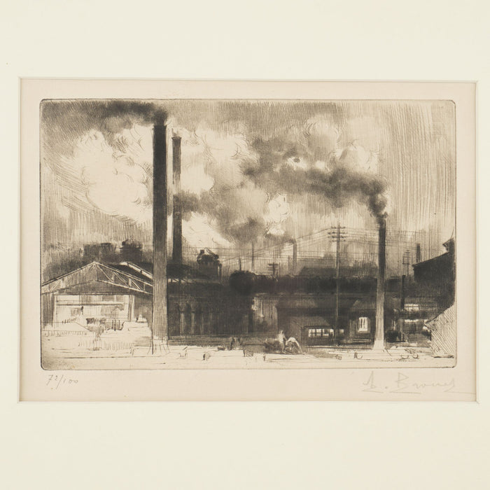 Etching of an industrial landscape by Auguste Brouet (c. 1925)