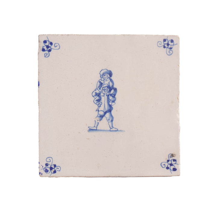 Pair of Delft double figure faience tiles in cobalt blue (c. 1600’s)