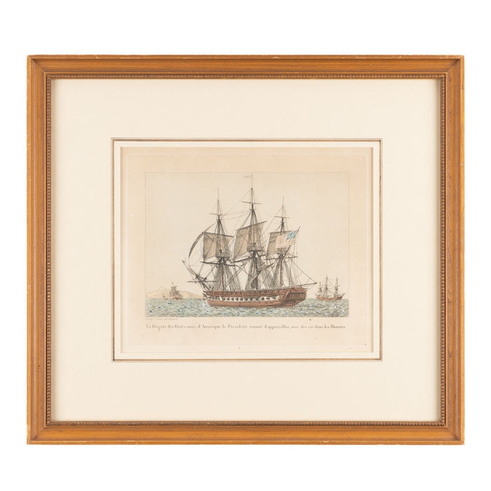 Pair of colored engravings of American ships under sail by Jean-Jerome Baugean (c. 1840)