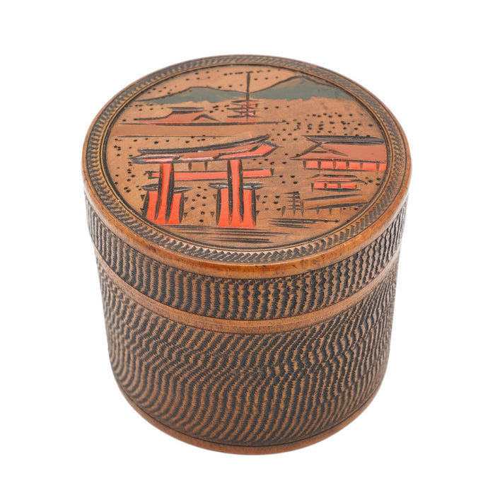 Japanese carved wood cylinder tea box (c. 1920)