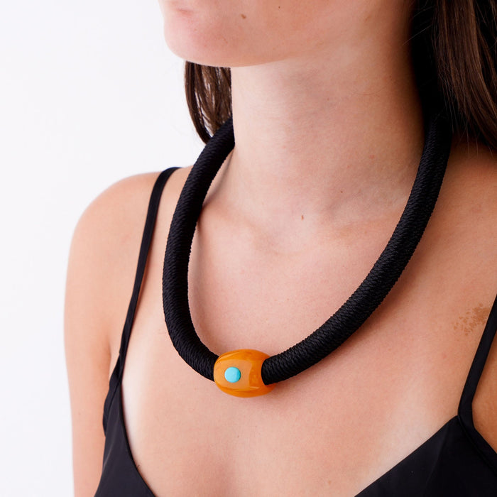 Amber barrel bead necklace with turquoise inlay