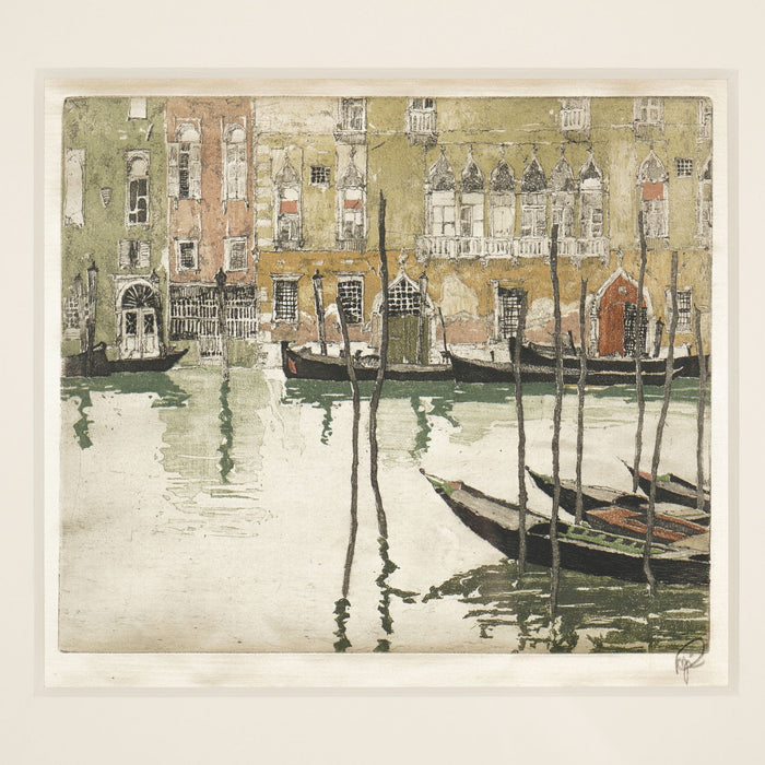 Hand colored etching of a Venetian canal with gondolas by Hans Figura (c. 1924)