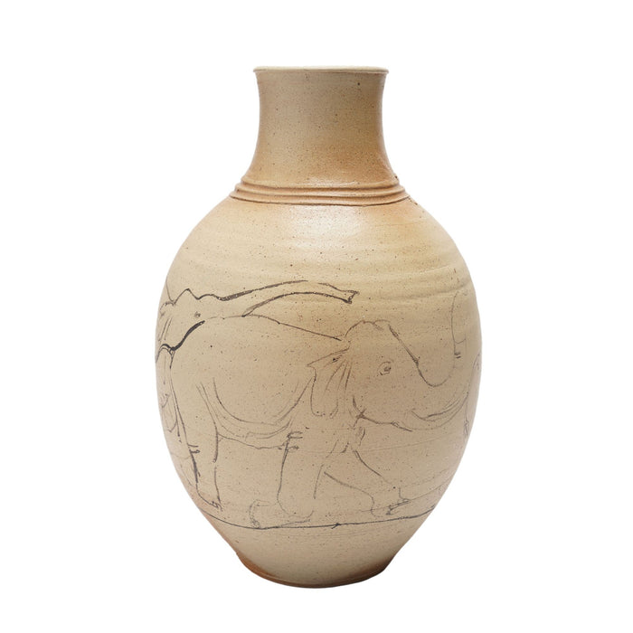 Stoneware vase with elephant sketch by Bruce Howdle (1980's)