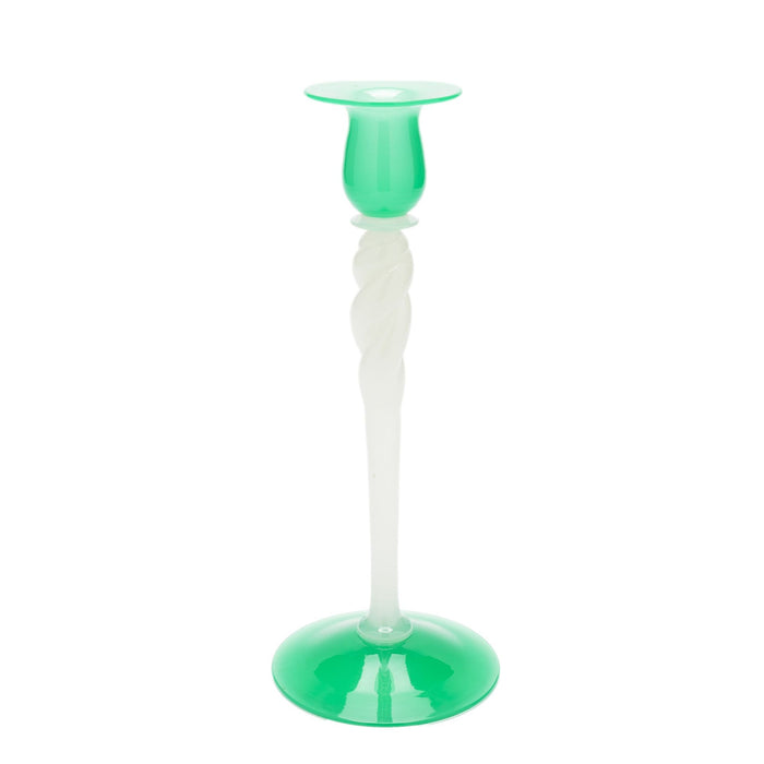 White opaline and jade glass candlestick by Steuben (c. 1925)