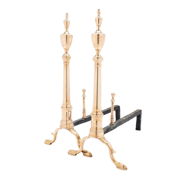 Pair of Philadelphia bell metal andirons with paired fire tools (c. 1790)