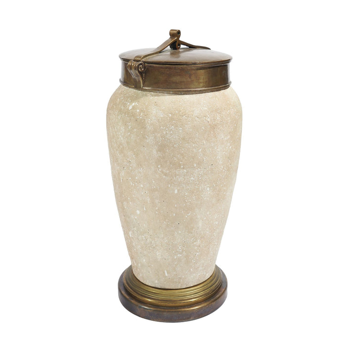 Tall ceramic jar with oxidized brass lid and base (c. 1900's)