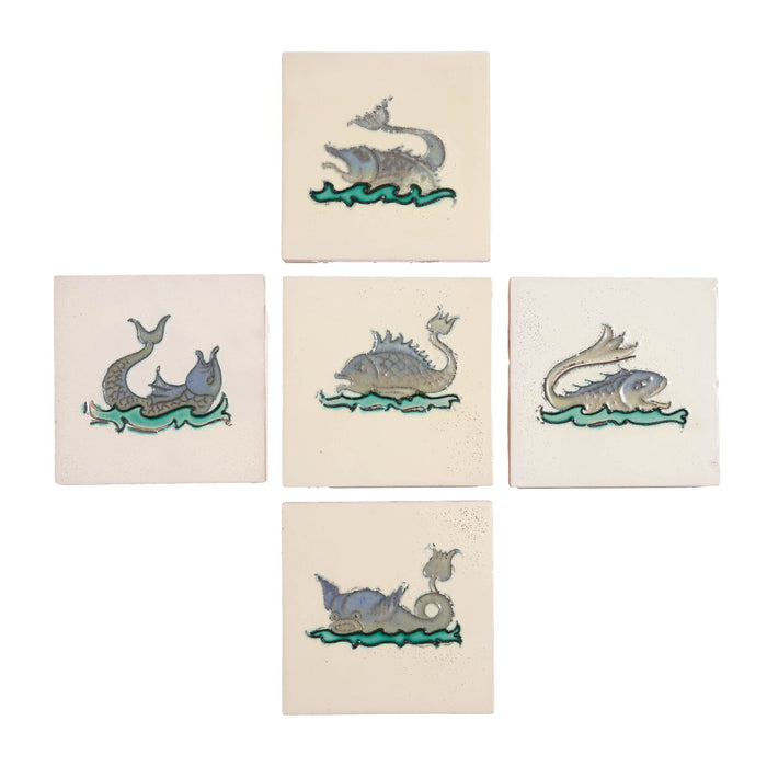 Set of 5 Belgian faience tiles of imaginary fish (c. 1920)