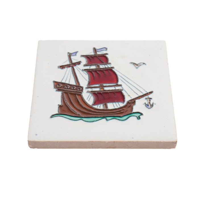 Belgian faience tile of a galleon under sail (c. 1920)
