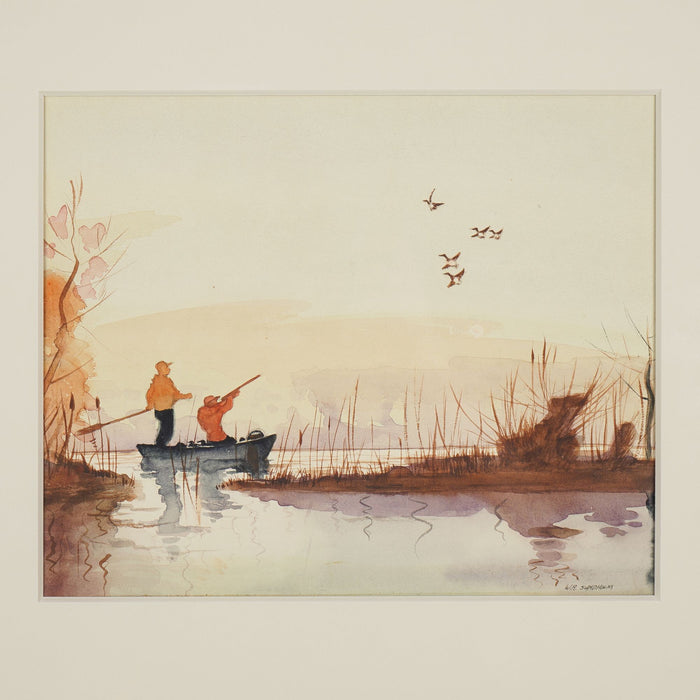 Watercolor of duck hunters on a punt by W.R. Sundholm