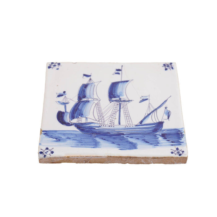 Vintage hand painted faience tile of a 3 masted vessel (c. 1900-50)