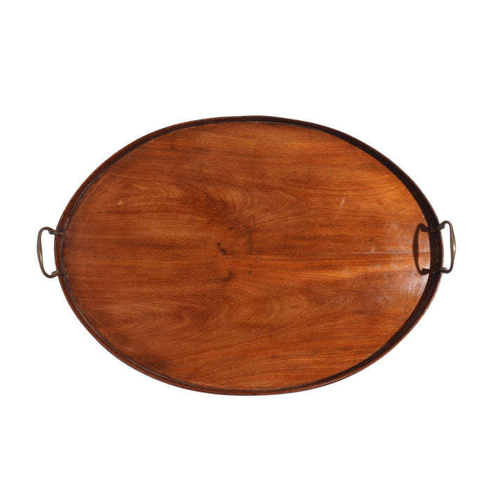 English oval mahogany standing rim tray with brass handles (c. 1850-1900)