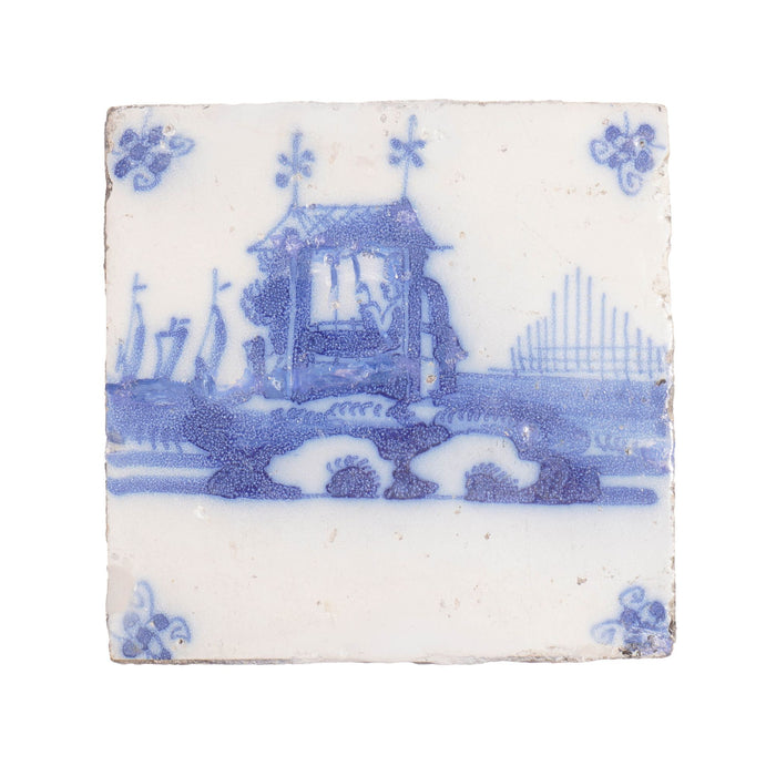 Set of 3 Delft faience tiles with architectural landscapes (c. 1700)