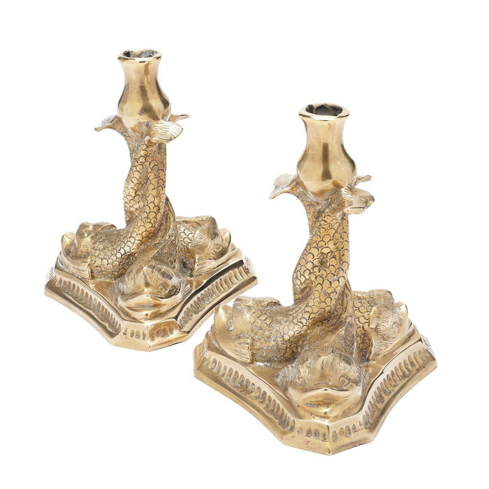 Pair of Italian brass candlesticks with three entwined fish (c. 1880-1900)