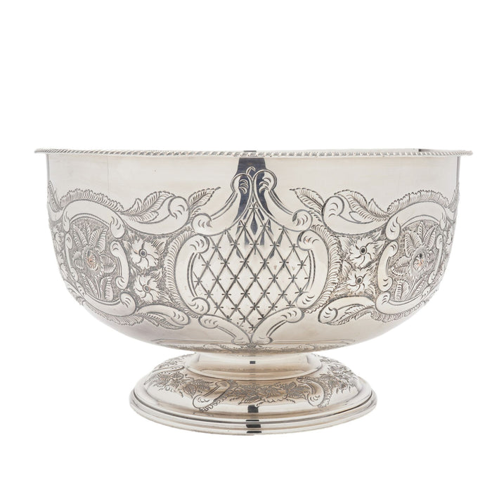 Vintage hand chased English Sheffield punch bowl & tray (c. 1900-50)