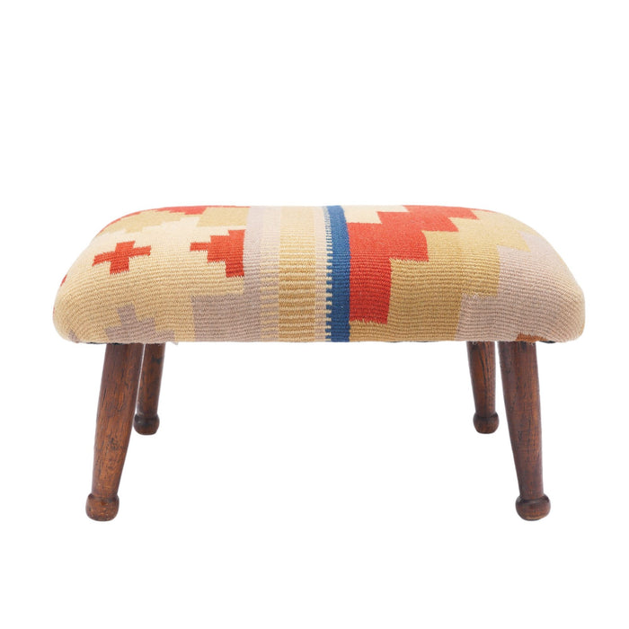 English upholstered footstool on turned oak legs (c. 1850-1900)