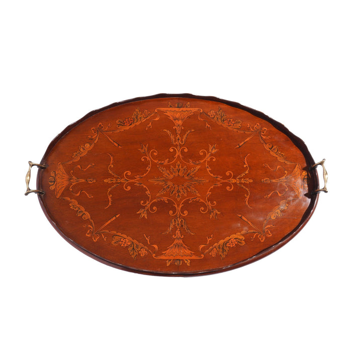 English mahogany oval inlaid serving tray with scalloped gallery (c. 1800's)