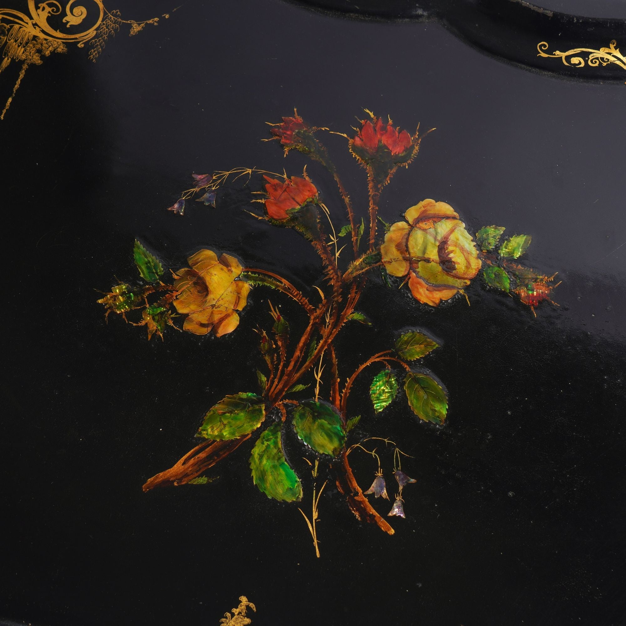 English tole tray with rose decoration and Mother of Pearl inlay