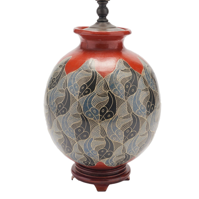 Terra cotta vase lamp with Escher-style surface designs by Vladimir Norori (c. 1950)