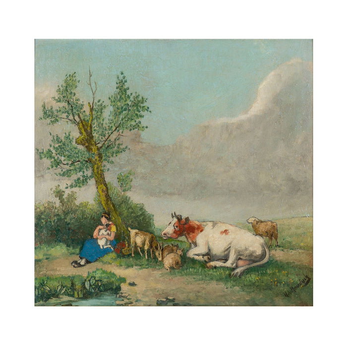 Dutch oil on canvas farm scene (c. 1890-1910)
