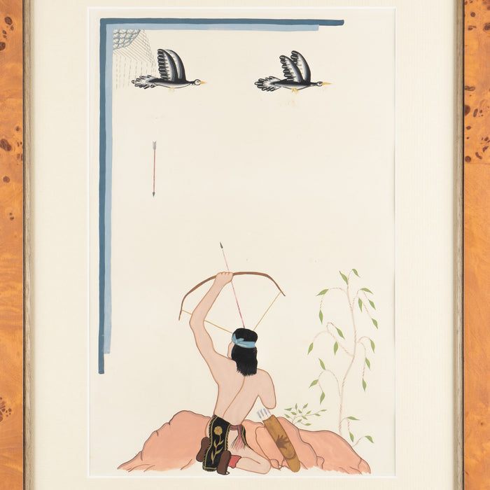 Unsigned Navajo gouache on paper of a hunter with birds (c. 1940)