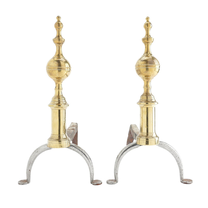 Pair of American cast brass and forged iron steeple top andirons (c. 1812-15)