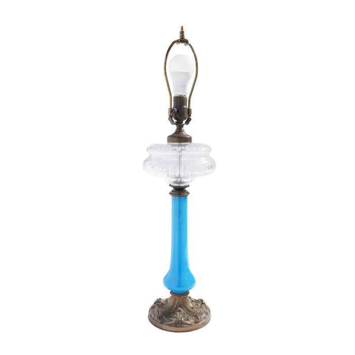 English brass and blue opaline glass oil lamp (c. 1850)