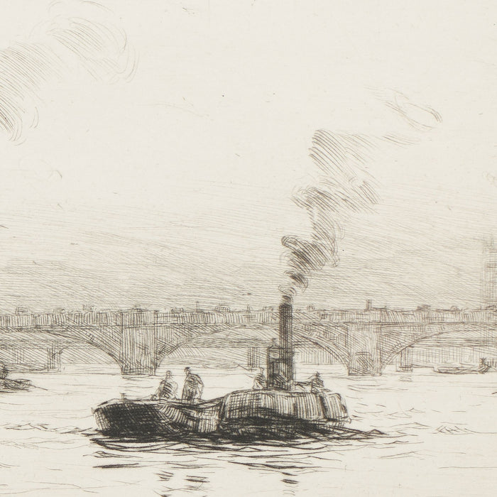 Engraving of London on the Thames River from the Docklands by Rowland Langmaid (1926)