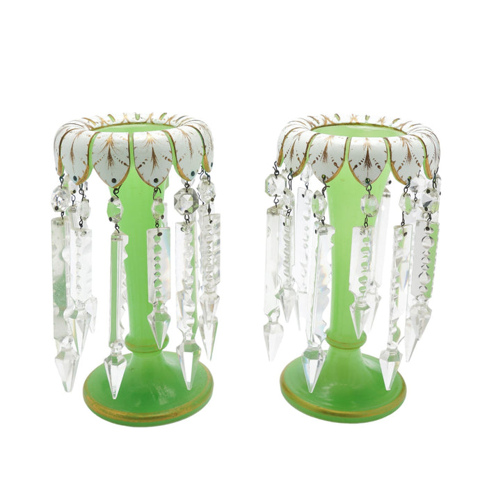 Pair of English Regency trumpet form glass garniture vases with lusters (c. 1830)