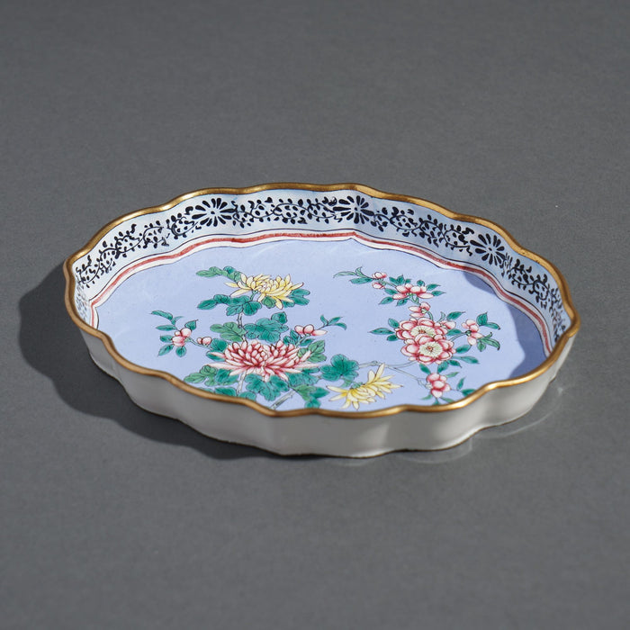 Chinese enameled pin tray decorated with mums & cherry blossoms (1950's)