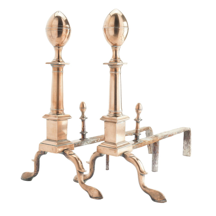 Boston bell metal lemon top andirons with matching fire tools (c. 1790)