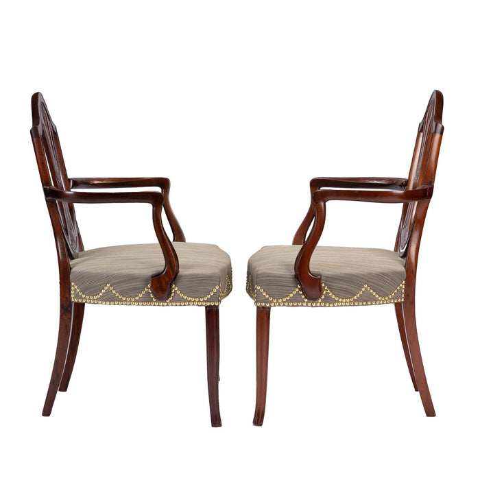 Pair of English Sheraton mahogany shield back armchairs (c. 1790)