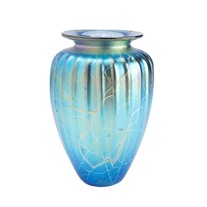 Iridescent blue blown glass vase by Mayauel Ward (2015)