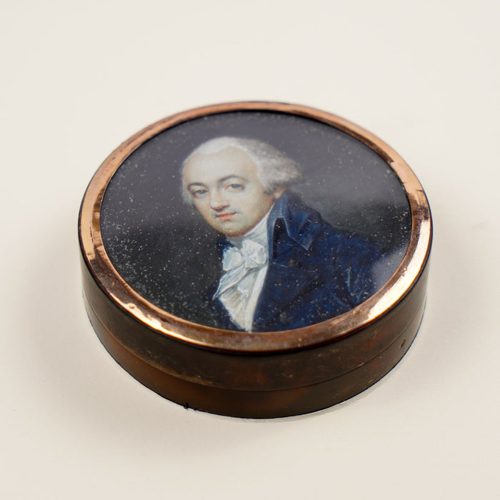 Shadowboxed tortoise shell snuff box with a finely painted miniature portrait (c. 1775)