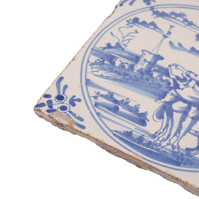 Deft scenic tile of girl astride a farm animal (c. 1600's)