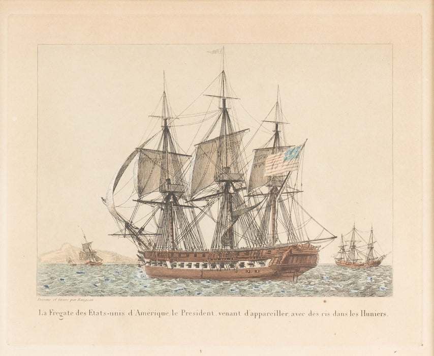 Pair of colored engravings of American ships under sail by Jean-Jerome Baugean (c. 1840)