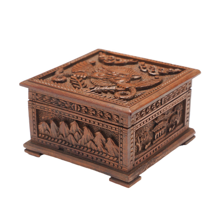 Hand carved Nepalese wood box with hinged lid (c. 1900-50)