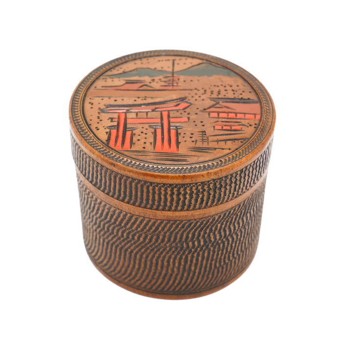 Japanese carved wood cylinder tea box (c. 1920)