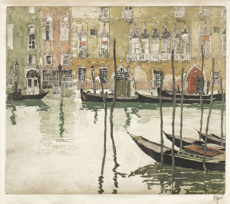 Hand colored etching of a Venetian canal with gondolas by Hans Figura (c. 1924)