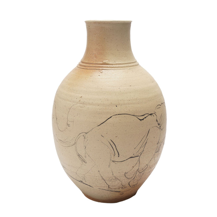 Stoneware vase with elephant sketch by Bruce Howdle (1980's)