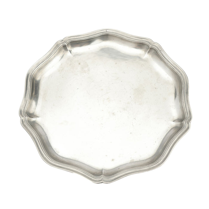 French Rococo style scolloped edge circular tray by Etain Fin, c. 1950