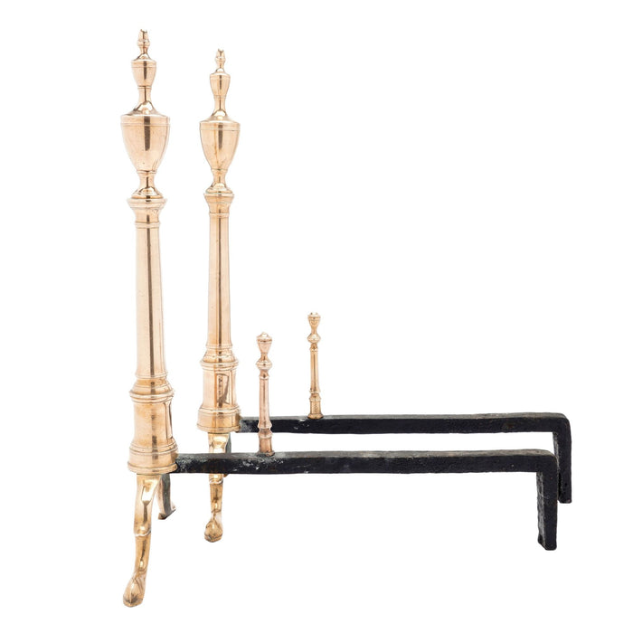 Pair of Philadelphia bell metal andirons with paired fire tools (c. 1790)