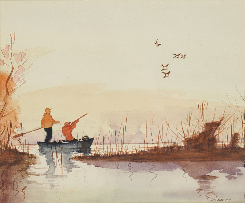 Watercolor of duck hunters on a punt by W.R. Sundholm