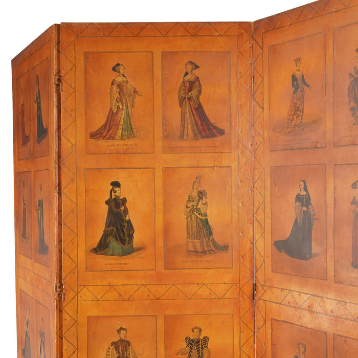 Three panel folding screen with French costume prints (c. 1900-30)