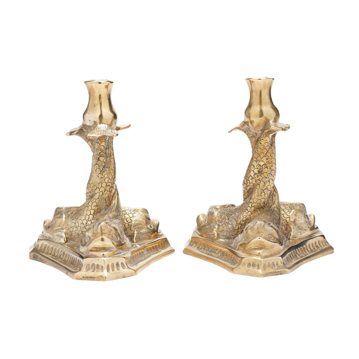 Pair of Italian brass candlesticks with three entwined fish (c. 1880-1900)